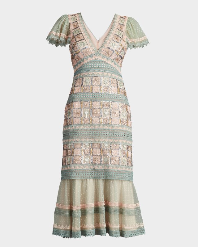 Flounce Geometric Sequin & Lace Midi Dress